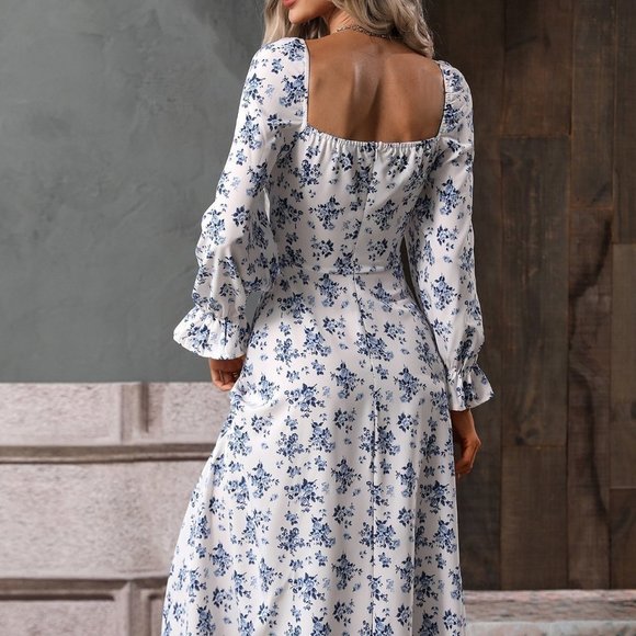 White Boho Allover Floral Print Flounce Sleeve Knot Front Split Thigh Dress - Picture 4 of 5